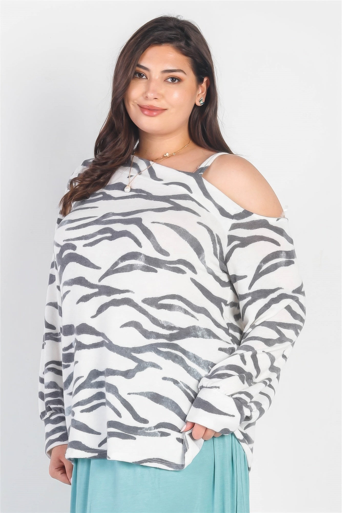 size zebra flannel cold shoulder top with cold shoulders, perfect fors 