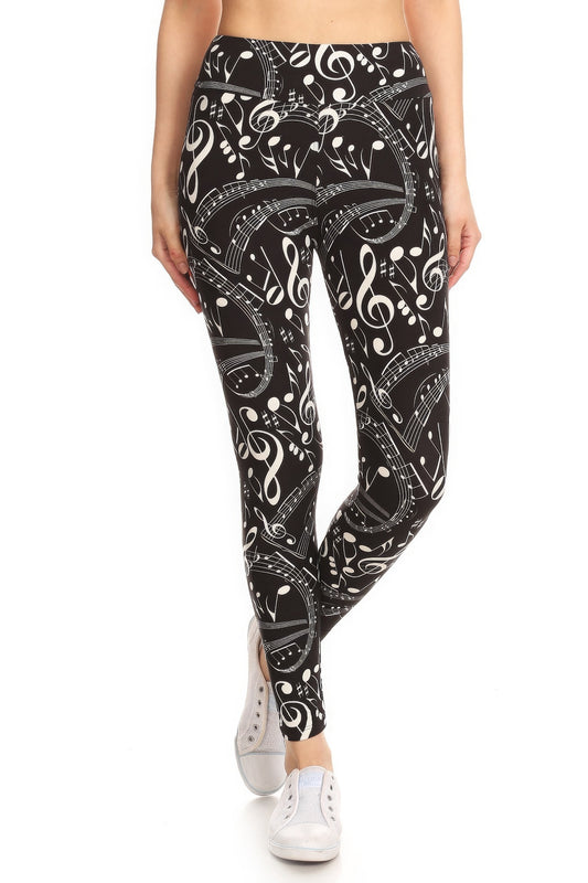 Music Note Print Leggings With A Banded High Waist