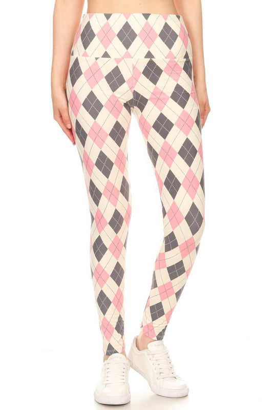 5-inch Long Yoga Style Argyle Printed Leggings With High Waist