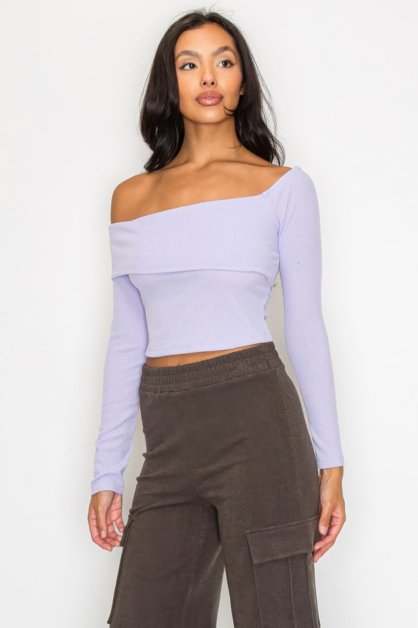 Bardot Ribbed Long Sleeve Crop Top