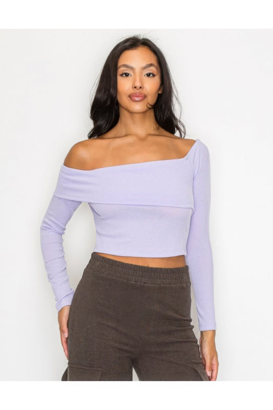 Bardot Ribbed Long Sleeve Crop Top